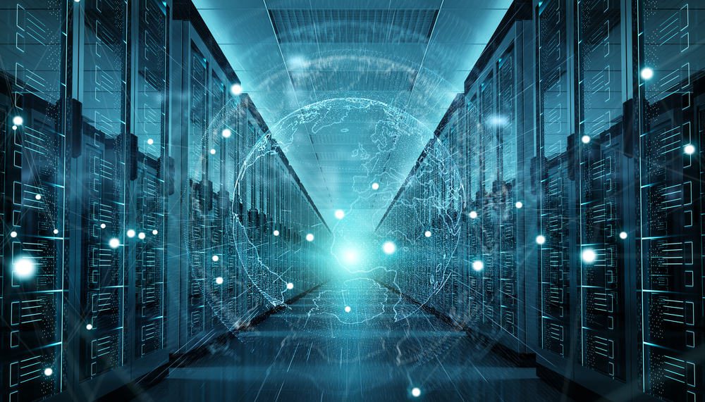 The importance of data center connectivity is illustrated with overlapping digital globes superimposed over racks of data center equipment