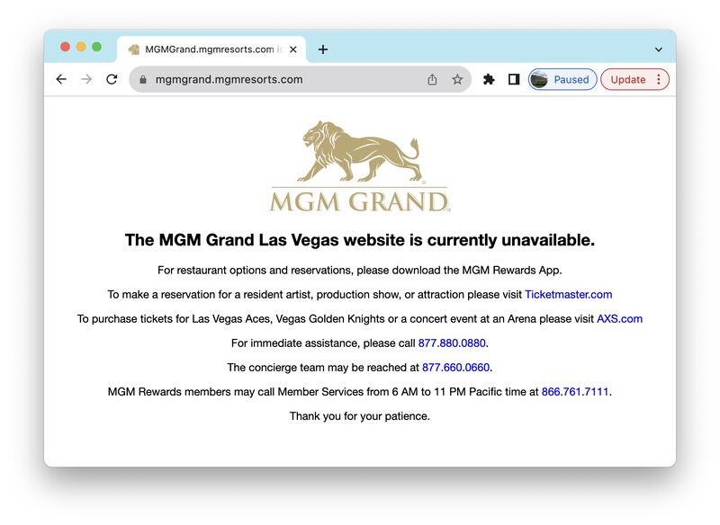 Screenshot showing MGM casino's website down.